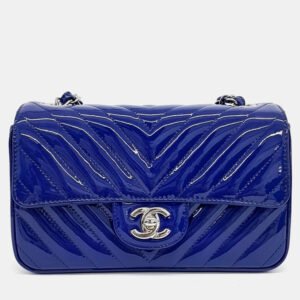 Chanel Blue Patent Leather Chevron Classic Mini Crossbody Bag