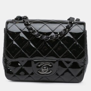 luxury-women-chanel-used-handbags-p1113935-009 Chanel Black Patent So Black Square Classic Mini Single Flap Bag