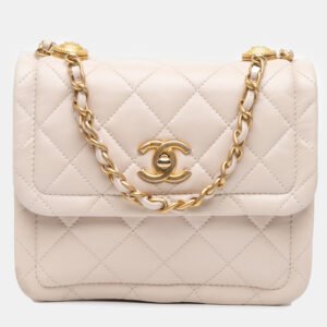 Chanel Beige Lambskin Leather Small Button On Top Flap Bag
