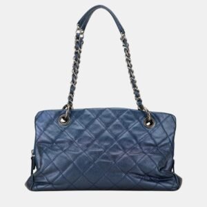 Chanel Blue Quilted Iridescent Caviar Chic Shopping Tote Bag