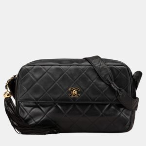 Chanel Black CC Quilted Lambskin Leather Tassel Crossbody Bag