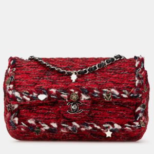 Chanel Red Medium Tweed Braided Charms Double Flap Bag