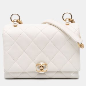 Chanel White Leather Pearl CC Accordion Flap Shoulder Bag