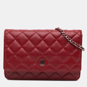 Chanel Red Lambskin Leather Classic Wallet on Chain