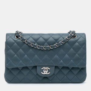 luxury-women-chanel-used-handbags-p1120781-012 Chanel Blue Lambskin Leather Medium Classic Double Flap Shoulder Bag
