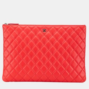 chanel red large quilted lambskin o case clutch