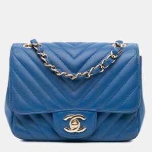 Chanel Blue Leather Mini Square Classic Chevron Single Flap Shoulder Bag