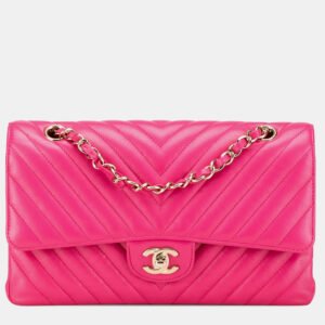 Chanel Pink Lambskin Medium Classic Chevron Double Flap Shoulder Bag