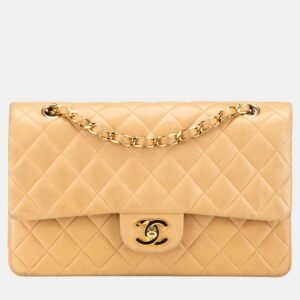 Chanel Light Brown Lambskin Medium Classic Double Flap Shoulder Bag