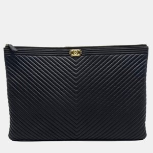 Chanel Black Leather Chevron Boy Large Clutch Bag