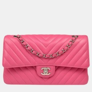 Chanel Pink Chevron Leather Medium Classic Double Flap Shoulder Bag