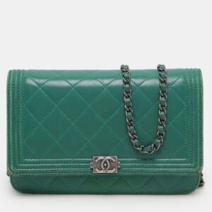 Chanel Green Quilted Leather Boy Wallet On Chain
