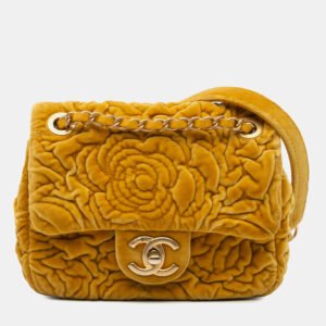 Chanel Yellow Mini Square Velvet Camellia Embossed Flap Bag