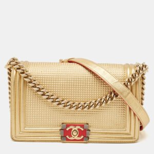 Chanel Gold/Red Cube Embossed Leather Medium Boy Flap Bag