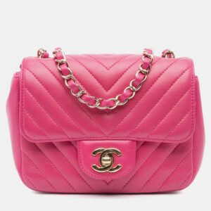 Chanel Pink Chevron Lambskin Mini Classic Single Flap Shoulder Bag