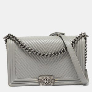 Chanel Grey Chevron Quilted Leather New Medium Boy Bag