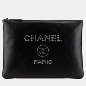 Chanel Black Medium Caviar Deauville Studded O Case Clutch Bag