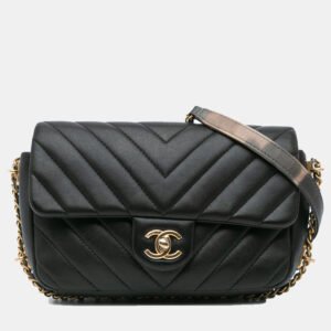 Chanel Black Mini Rectangular Chevron Lambskin Chain Around Flap Bag