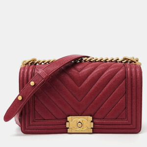 Chanel Red Leather Chevron Boy Medium Shoulder Bag