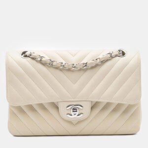 Chanel White Small Classic Chevron Lambskin Double Flap Bag