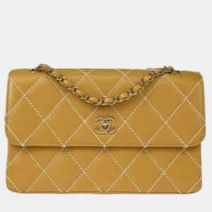 Chanel Beige Calfskin Wild Stitch Straight Flap Shoulder Bag