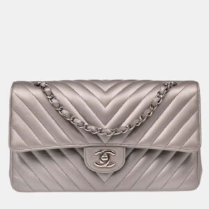 Chanel Silver Calfskin Chevron Medium Classic Double Flap Shoulder Bag