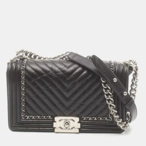 Chanel Black Chevron Leather and Tweed Medium Boy Flap Bag