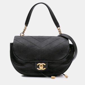 Chanel Black CC Chevron Lambskin Round Flap Satchel Bag