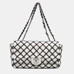 Chanel Black White Jumbo Calfskin Canebiers Net Flap