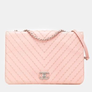 Chanel Pink Chevron Calfskin Studded Full Flap