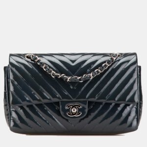 Chanel Navy Blue Medium Classic Chevron Patent Double Flap Bag