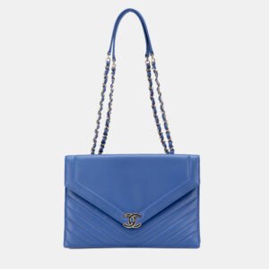 luxury-women-chanel-used-handbags-p1136573-006 Chanel Blue Chevron Calfskin Coco Envelope Shoulder Bag