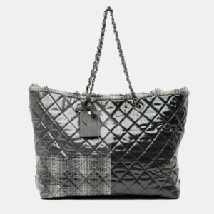 Chanel Grey Large Quilted Tweed and Vinyl Funny Patchwork Tote Bag