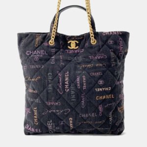 Chanel Black Denim Maxi Shopping Chain Tote Bag