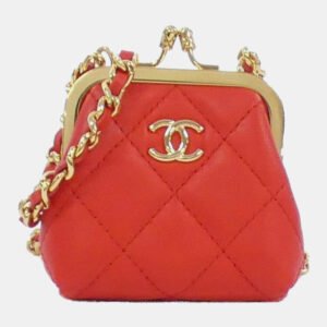 Chanel Red Lambskin Quilted Mini Kiss Lock Clutch With Chain