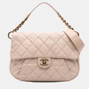 Chanel Beige Brown Chanel Beige/Brown Medium Quilted Caviar Coco Pleats Messenger Flap