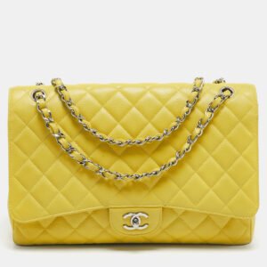 luxury-women-chanel-used-handbags-p1143414-012 Chanel Yellow Quilted Caviar Leather Maxi Classic Single Flap Bag
