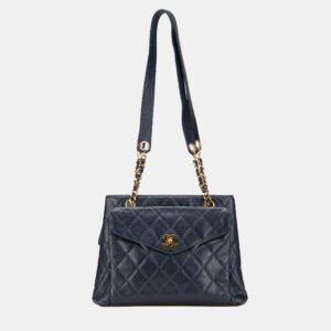 Chanel Navy Blue Quilted Caviar Front Pocket Chain Tote