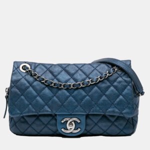 Chanel Blue Jumbo Iridescent Quilted Caviar Easy Flap