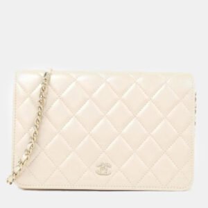 Chanel Beige Leather White Wallet On Chain