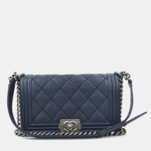 Chanel Navy Blue Leather Boy Shoulder Bag