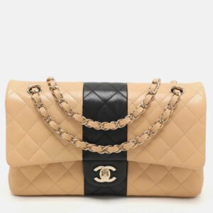 Chanel Beige/Black Quilted Leather Medium Bicolor Classic Double Flap Bag