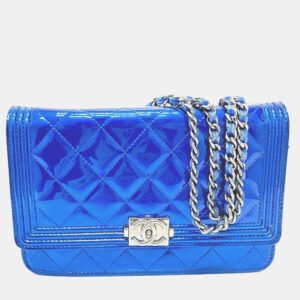Chanel Metallic Blue Leather Boy Wallet On Chain