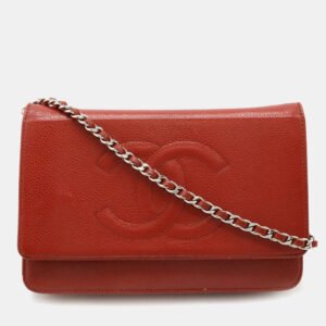 Chanel Red Leather Caviar Skin Chain Wallet Shoulder Bag