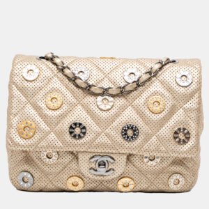 luxury-women-chanel-used-handbags-p1145254-001 Chanel Gold Paris-Dubai Small Perforated Metallic Lambskin Medals Flap