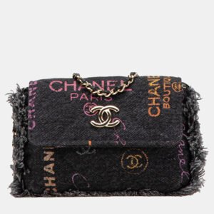 Chanel Black Fringe Denim Mood Clutch with Chain