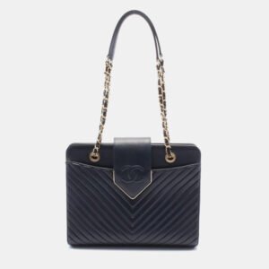 luxury-women-chanel-used-handbags-p1146742-009 Chanel Navy Chevron Leather V-Stitch Tote Bag