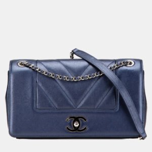 Chanel Navy Blue Medium Chevron Metallic Sheepskin Vintage Mademoiselle Flap