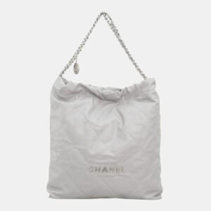Chanel Light Grey Calfskin Leather Large 22 Shoulder Bag