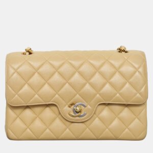 Chanel Beige Quilted Lambskin Leather Vintage Timeless Double Flap Bag